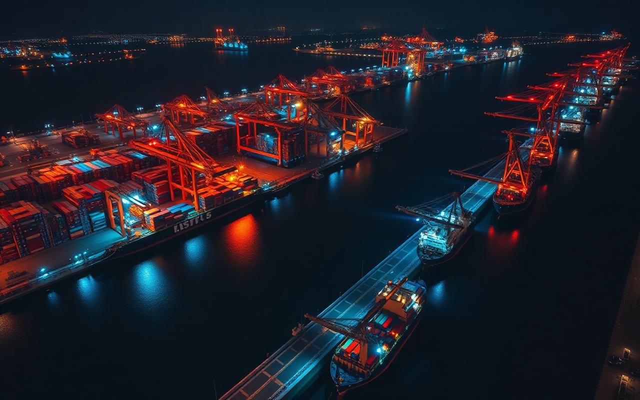 Aerial view of a major shipping port at night
